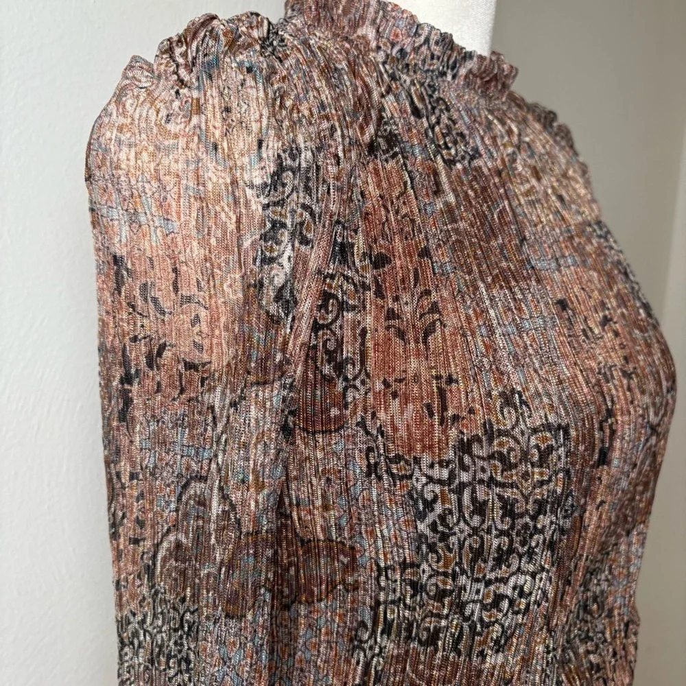 JOIE Semi Sheer Sheer Metallic Long-Sleeve Blouse Smocked Waist Ruffle Neck S - Picture 3 of 15